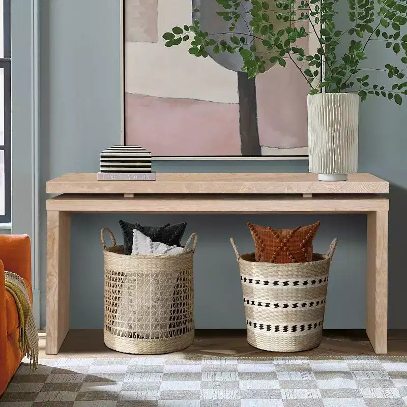 GDFStudio Esom 60 Farmhouse Wood Console Table with Double Board Suspension Shelves