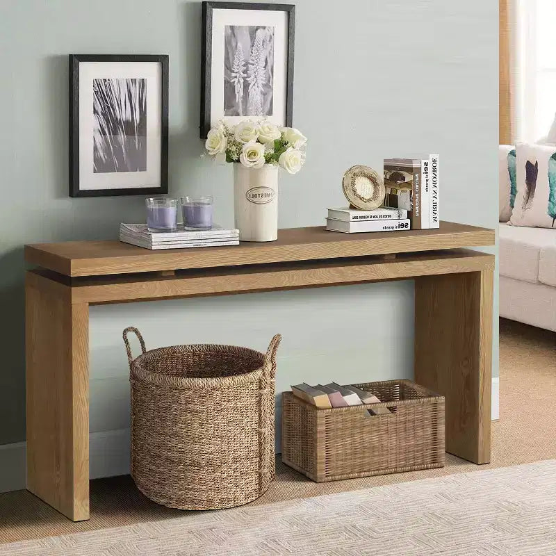 GDFStudio Esom 60 Farmhouse Wood Console Table with Double Board Suspension Shelves