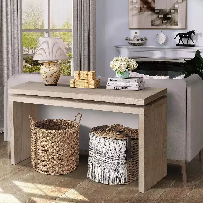 GDFStudio Esom 60 Farmhouse Wood Console Table with Double Board Suspension Shelves