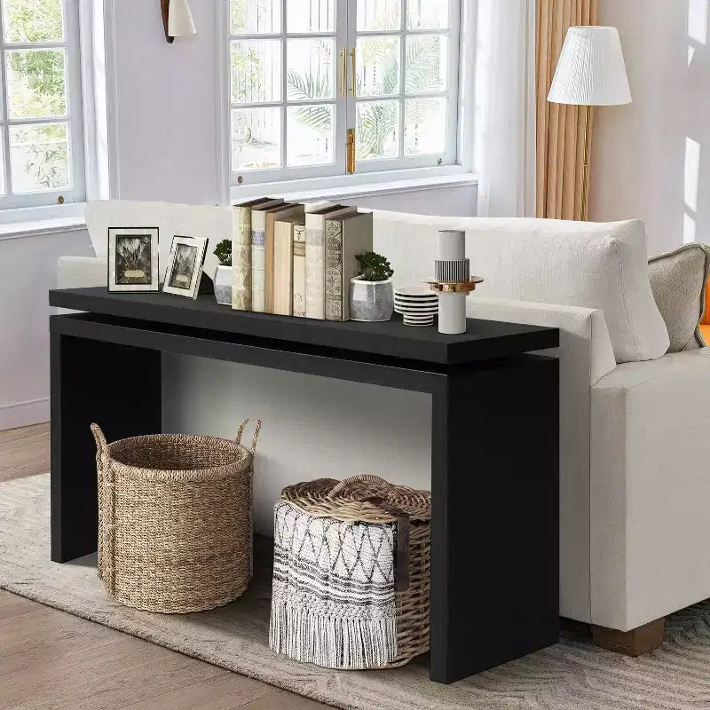 GDFStudio Esom 60 Farmhouse Wood Console Table with Double Board Suspension Shelves