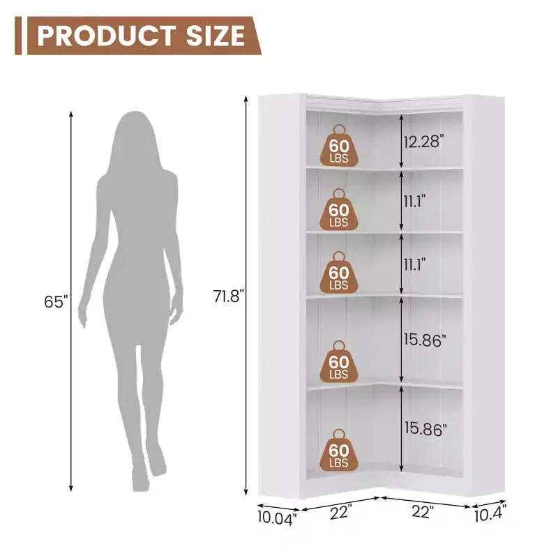 5-Tier Corner Bookshelf, 71.8 Tall L-Shaped Wood Bookcase, Modern Display Storage Shelf for Living Room, Bedroom, Home Office