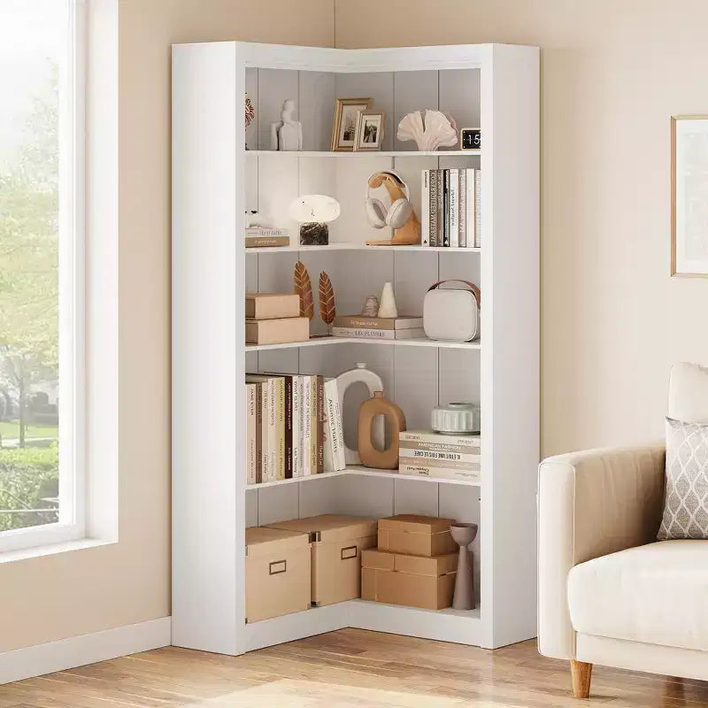 5-Tier Corner Bookshelf, 71.8 Tall L-Shaped Wood Bookcase, Modern Display Storage Shelf for Living Room, Bedroom, Home Office