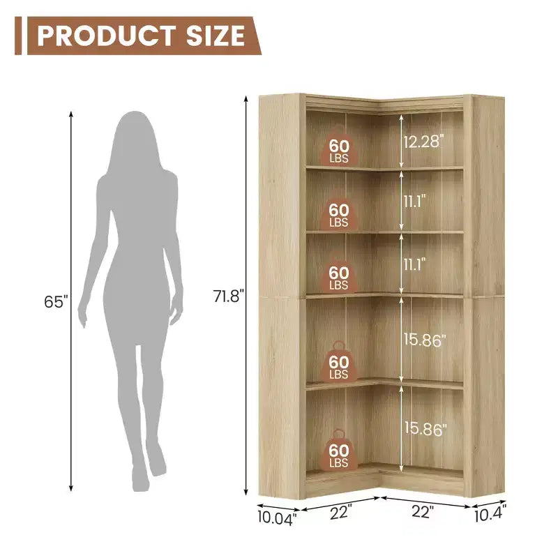 5-Tier Corner Bookshelf, 71.8 Tall L-Shaped Wood Bookcase, Modern Display Storage Shelf for Living Room, Bedroom, Home Office