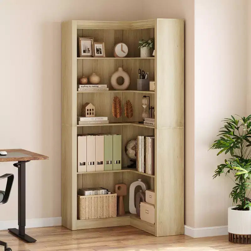 5-Tier Corner Bookshelf, 71.8 Tall L-Shaped Wood Bookcase, Modern Display Storage Shelf for Living Room, Bedroom, Home Office