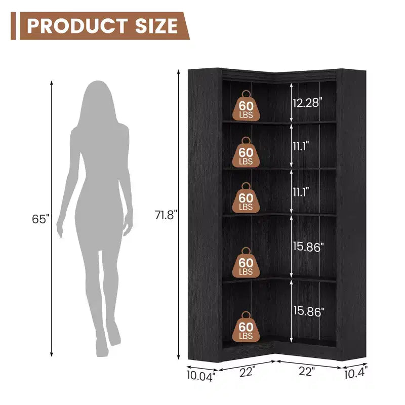 5-Tier Corner Bookshelf, 71.8 Tall L-Shaped Wood Bookcase, Modern Display Storage Shelf for Living Room, Bedroom, Home Office