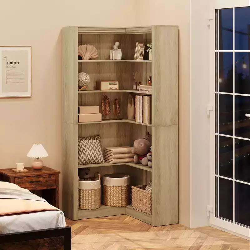 5-Tier Corner Bookshelf, 71.8 Tall L-Shaped Wood Bookcase, Modern Display Storage Shelf for Living Room, Bedroom, Home Office