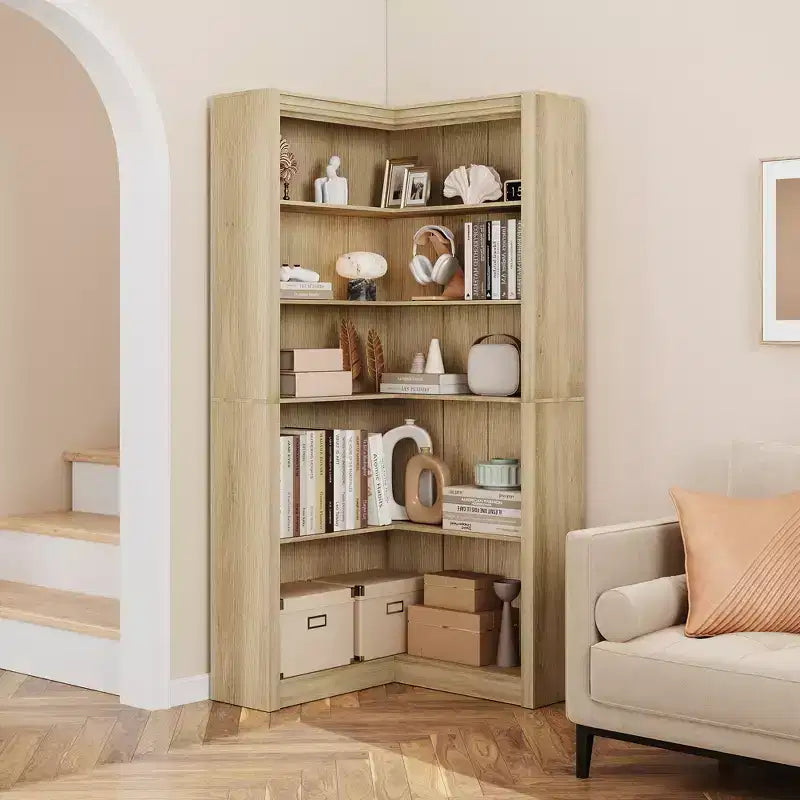 5-Tier Corner Bookshelf, 71.8 Tall L-Shaped Wood Bookcase, Modern Display Storage Shelf for Living Room, Bedroom, Home Office