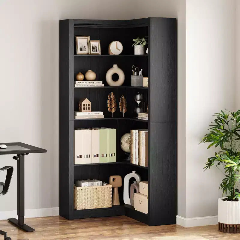5-Tier Corner Bookshelf, 71.8 Tall L-Shaped Wood Bookcase, Modern Display Storage Shelf for Living Room, Bedroom, Home Office