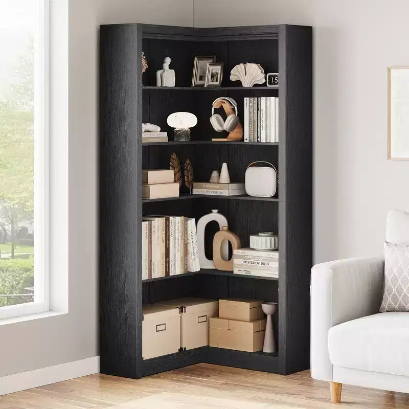 5-Tier Corner Bookshelf, 71.8 Tall L-Shaped Wood Bookcase, Modern Display Storage Shelf for Living Room, Bedroom, Home Office