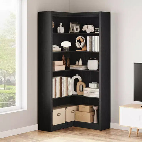 5-Tier Corner Bookshelf, 71.8 Tall L-Shaped Wood Bookcase, Modern Display Storage Shelf for Living Room, Bedroom, Home Office