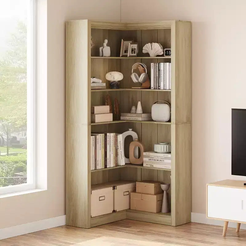 5-Tier Corner Bookshelf, 71.8 Tall L-Shaped Wood Bookcase, Modern Display Storage Shelf for Living Room, Bedroom, Home Office