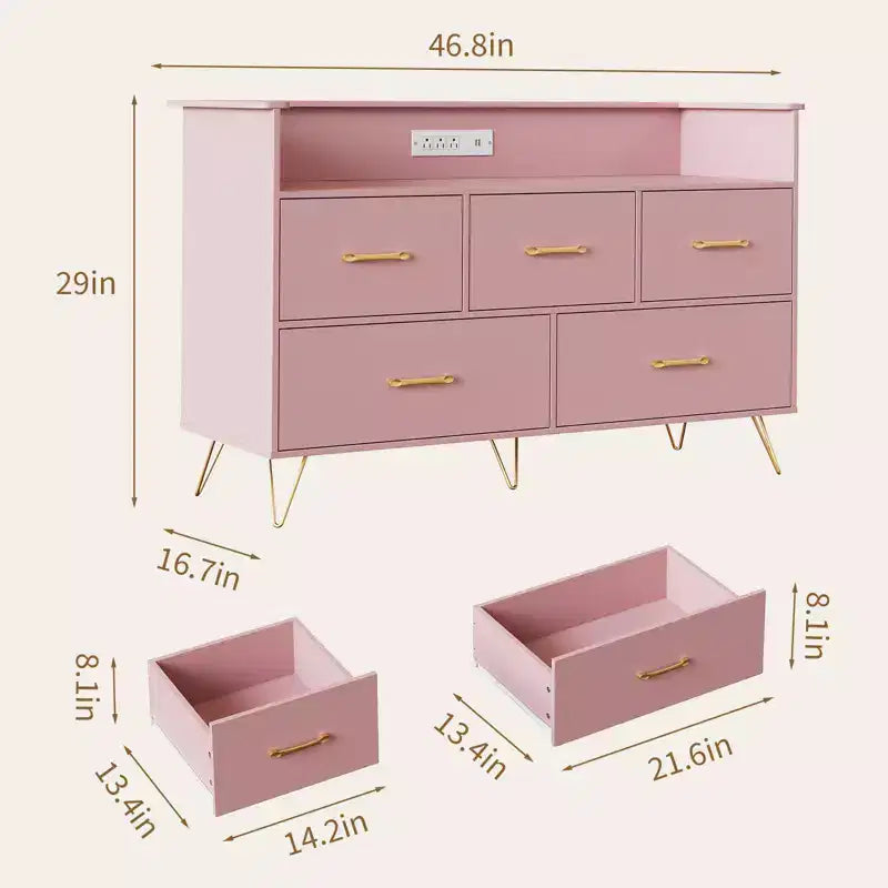 5 Drawer Dresser for Bedroom, Modern Dresser with Led Lights & Charging Station, Compact Wood Chest of Drawers Clothes Storage Organizer for Closet