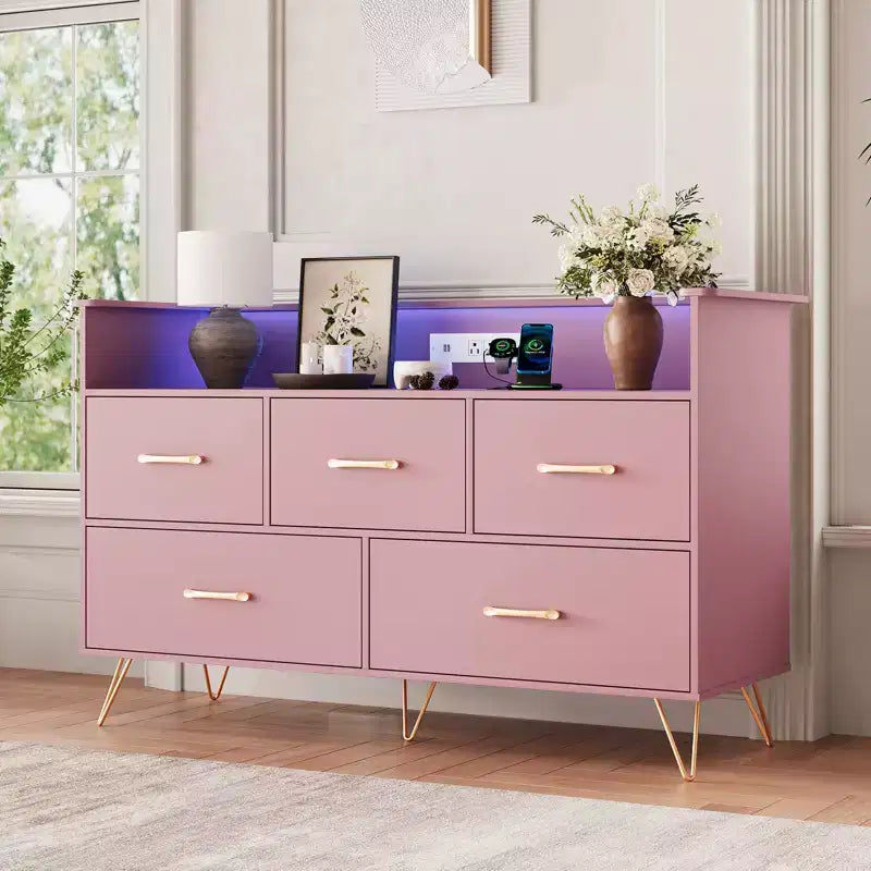 5 Drawer Dresser for Bedroom, Modern Dresser with Led Lights & Charging Station, Compact Wood Chest of Drawers Clothes Storage Organizer for Closet