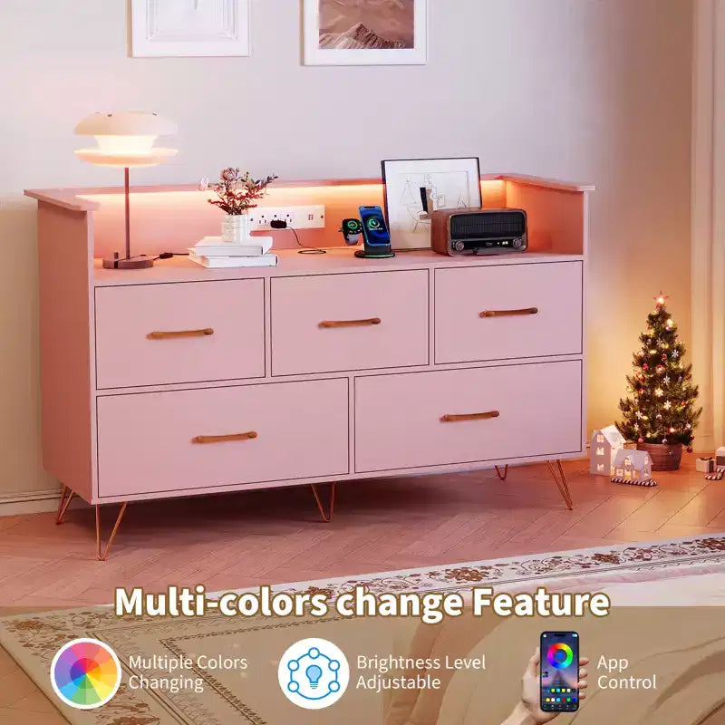 5 Drawer Dresser for Bedroom, Modern Dresser with Led Lights & Charging Station, Compact Wood Chest of Drawers Clothes Storage Organizer for Closet