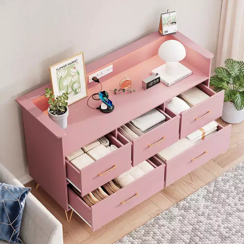 5 Drawer Dresser for Bedroom, Modern Dresser with Led Lights & Charging Station, Compact Wood Chest of Drawers Clothes Storage Organizer for Closet