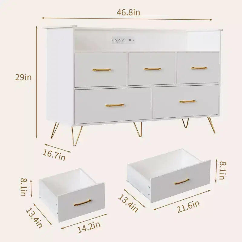 5 Drawer Dresser for Bedroom, Modern Dresser with Led Lights & Charging Station, Compact Wood Chest of Drawers Clothes Storage Organizer for Closet