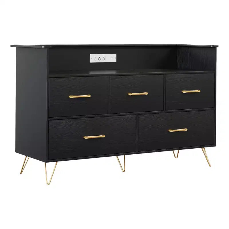 5 Drawer Dresser for Bedroom, Modern Dresser with Led Lights & Charging Station, Compact Wood Chest of Drawers Clothes Storage Organizer for Closet