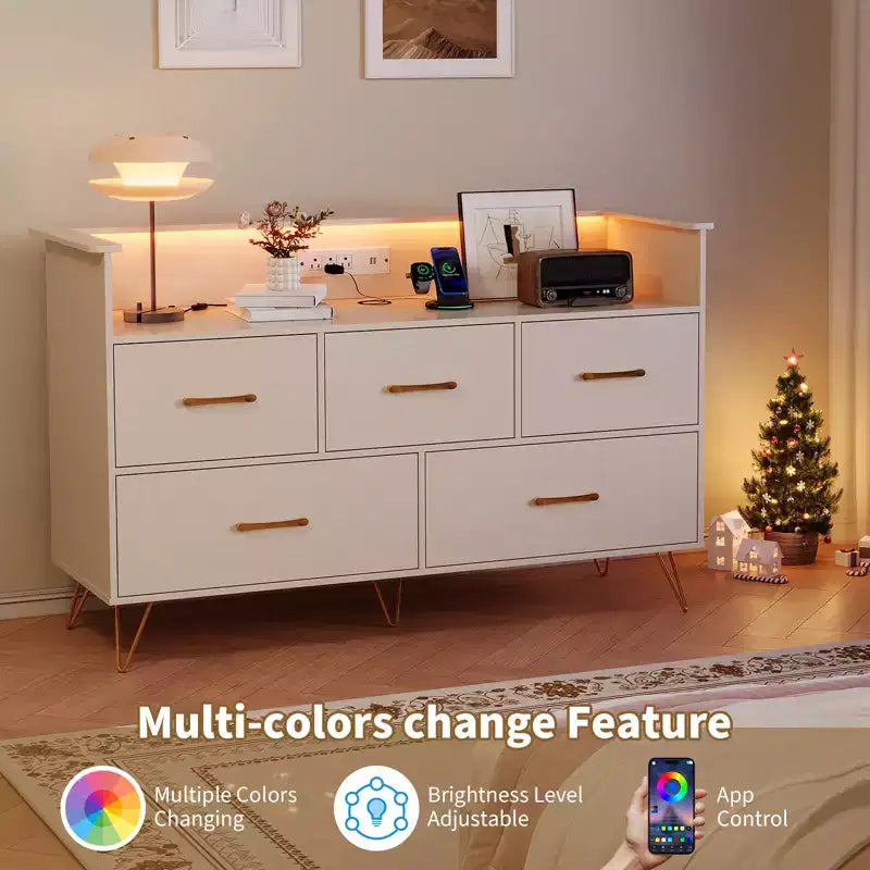 5 Drawer Dresser for Bedroom, Modern Dresser with Led Lights & Charging Station, Compact Wood Chest of Drawers Clothes Storage Organizer for Closet