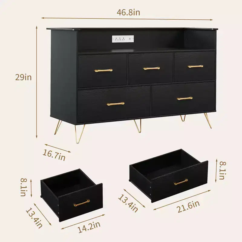 5 Drawer Dresser for Bedroom, Modern Dresser with Led Lights & Charging Station, Compact Wood Chest of Drawers Clothes Storage Organizer for Closet