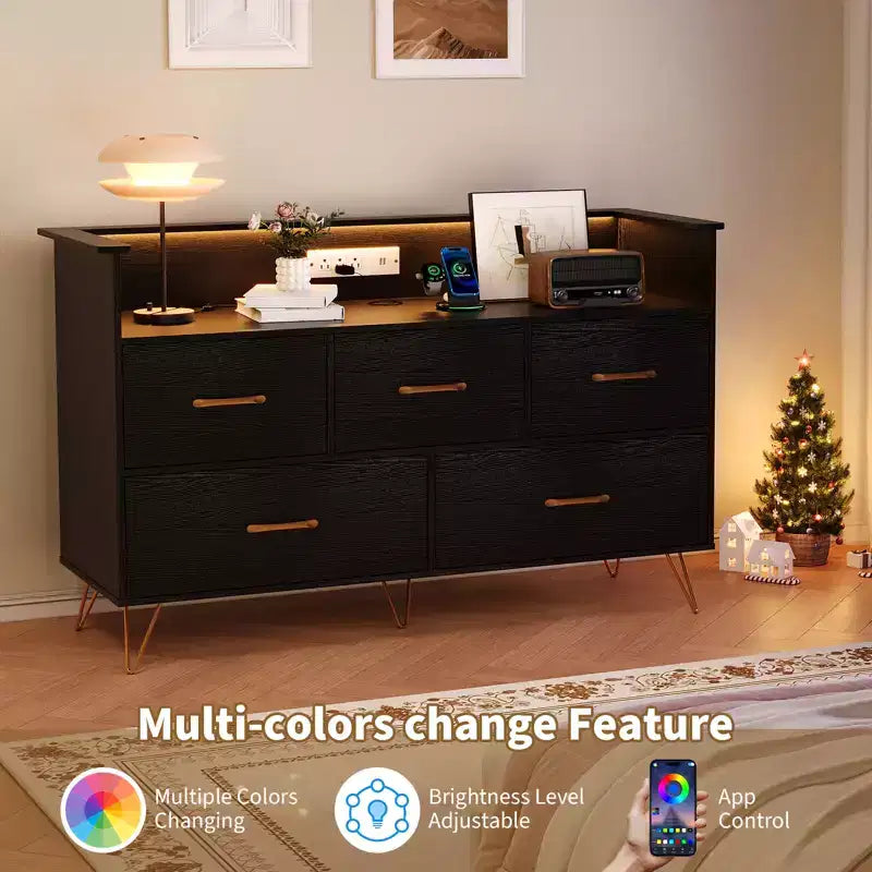 5 Drawer Dresser for Bedroom, Modern Dresser with Led Lights & Charging Station, Compact Wood Chest of Drawers Clothes Storage Organizer for Closet