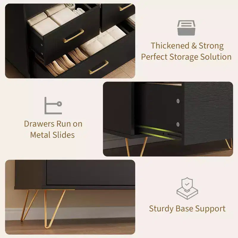 5 Drawer Dresser for Bedroom, Modern Dresser with Led Lights & Charging Station, Compact Wood Chest of Drawers Clothes Storage Organizer for Closet