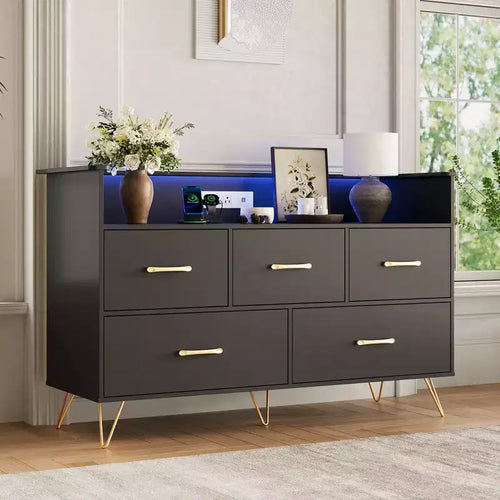 5 Drawer Dresser for Bedroom, Modern Dresser with Led Lights & Charging Station, Compact Wood Chest of Drawers Clothes Storage Organizer for Closet
