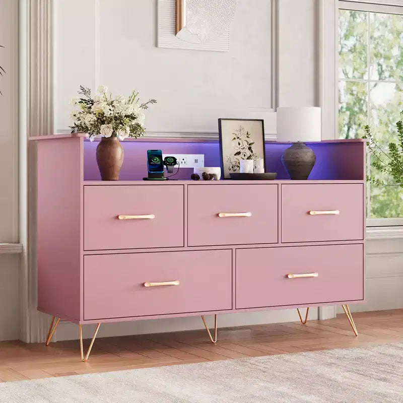 5 Drawer Dresser for Bedroom, Modern Dresser with Led Lights & Charging Station, Compact Wood Chest of Drawers Clothes Storage Organizer for Closet
