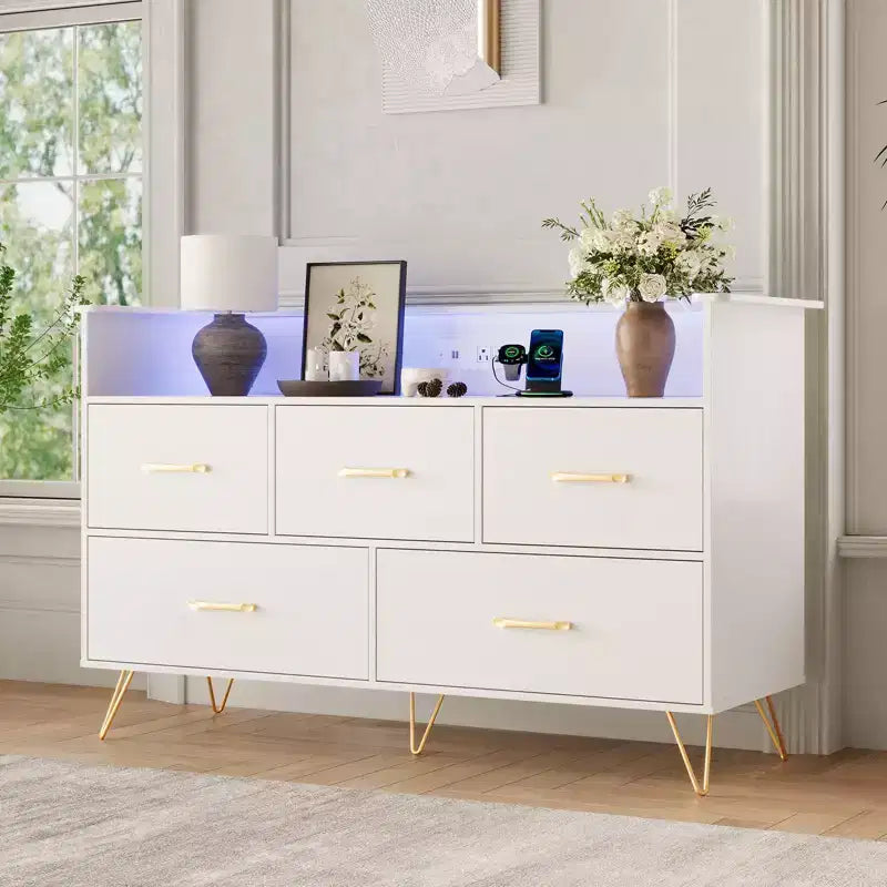 5 Drawer Dresser for Bedroom, Modern Dresser with Led Lights & Charging Station, Compact Wood Chest of Drawers Clothes Storage Organizer for Closet