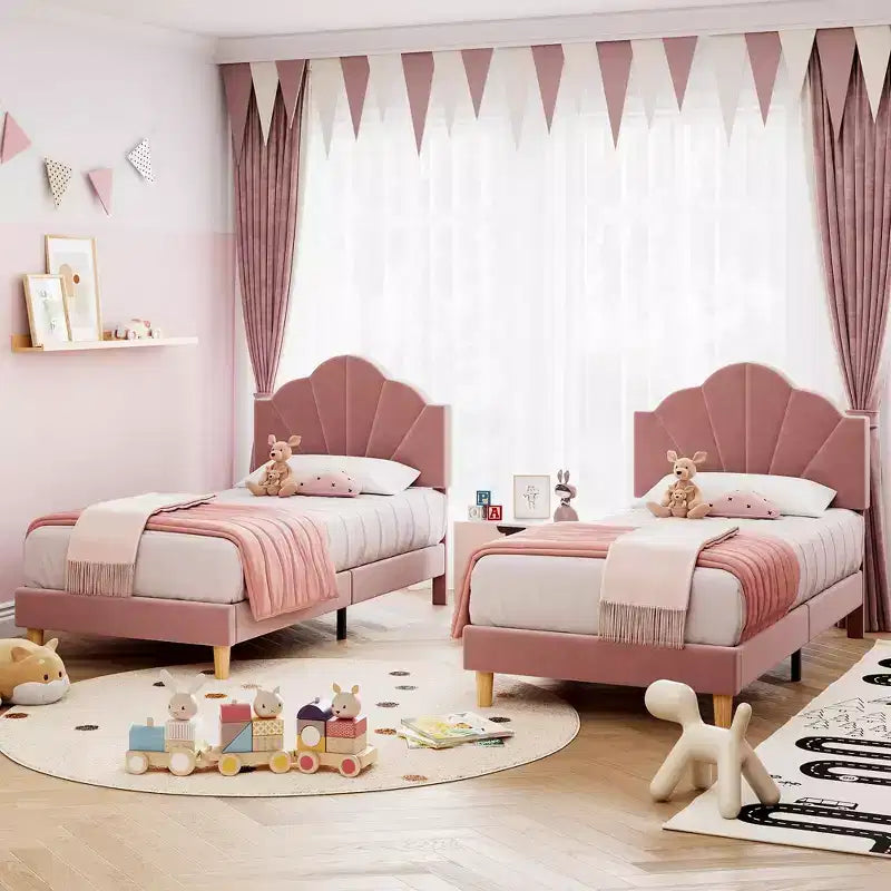 Twin-Size XL Single Bed Frame, Velvet Upholstered Platform Bed Frame, Adjustable Headboard Height, Easy to Assemble, No Spring Mattress Required