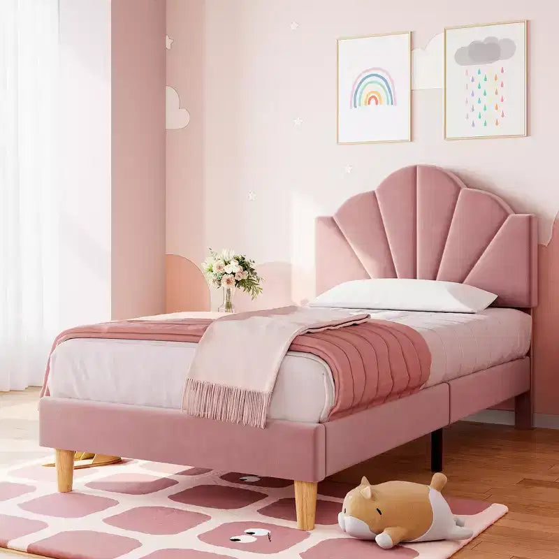 Twin-Size XL Single Bed Frame, Velvet Upholstered Platform Bed Frame, Adjustable Headboard Height, Easy to Assemble, No Spring Mattress Required