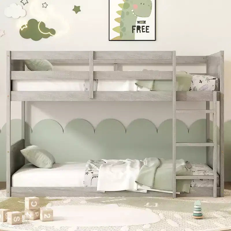 MAYEERTY Twin Floor Bunk Bed with Panelled Headboard and Footboard Solid Rubber Wood for Living Room