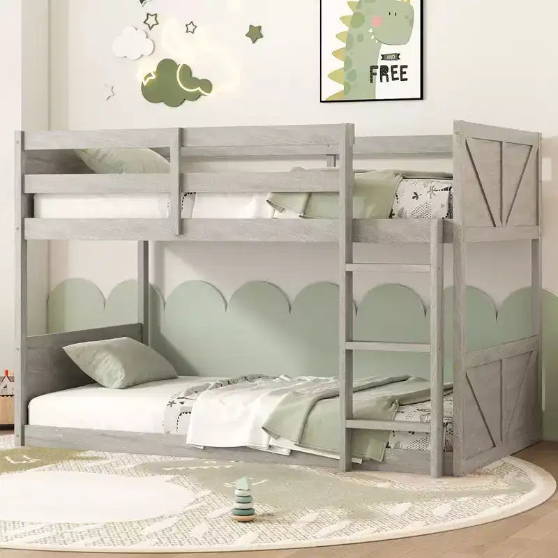 MAYEERTY Twin Floor Bunk Bed with Panelled Headboard and Footboard Solid Rubber Wood for Living Room
