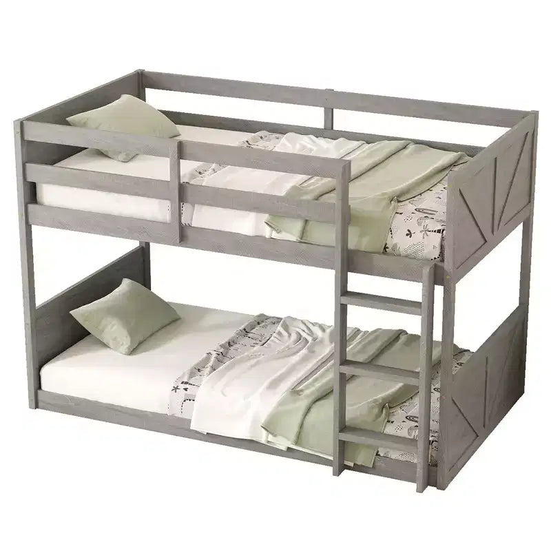 MAYEERTY Twin Floor Bunk Bed with Panelled Headboard and Footboard Solid Rubber Wood for Living Room