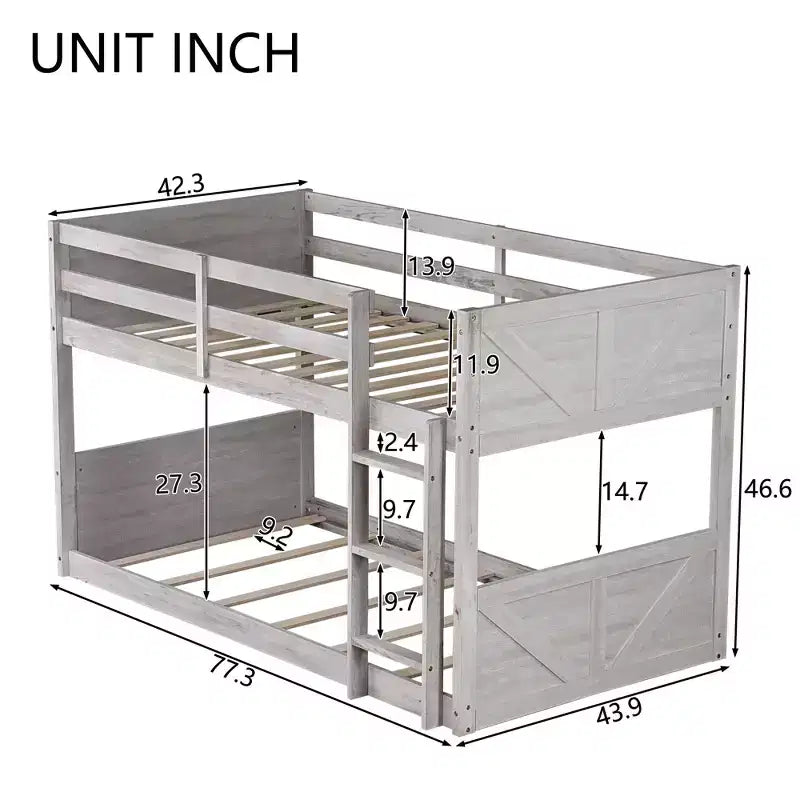 MAYEERTY Twin Floor Bunk Bed with Panelled Headboard and Footboard Solid Rubber Wood for Living Room