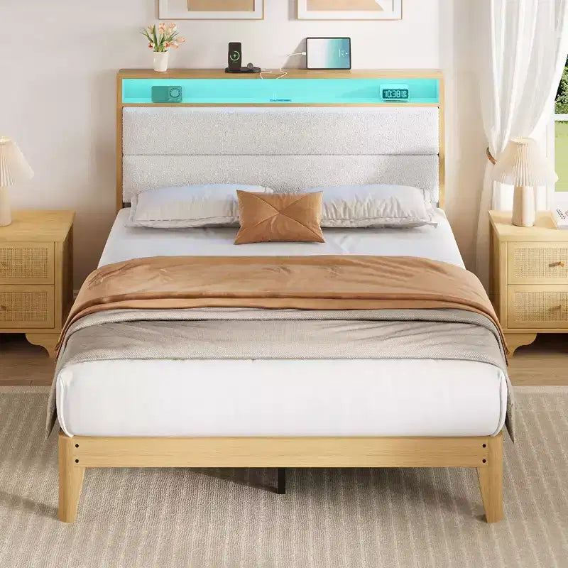 Full Boucle Bed Frame, Bed Frame with RGB LED Light & Charging Station, 2-Tier Storage Headboard, No Box Spring Needed, Easy Assembly