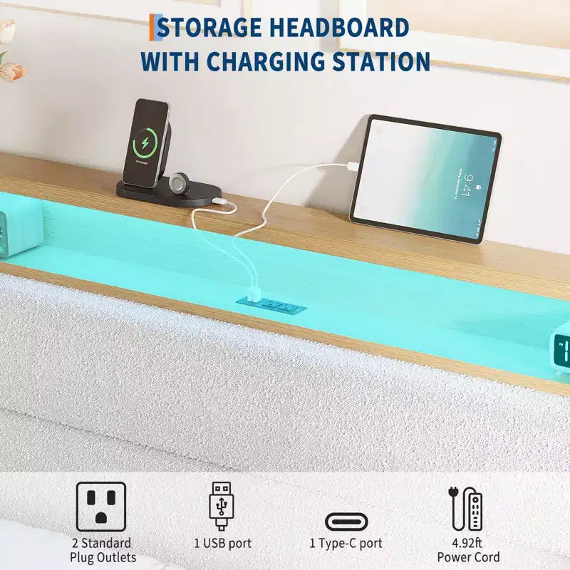 Full Boucle Bed Frame, Bed Frame with RGB LED Light & Charging Station, 2-Tier Storage Headboard, No Box Spring Needed, Easy Assembly