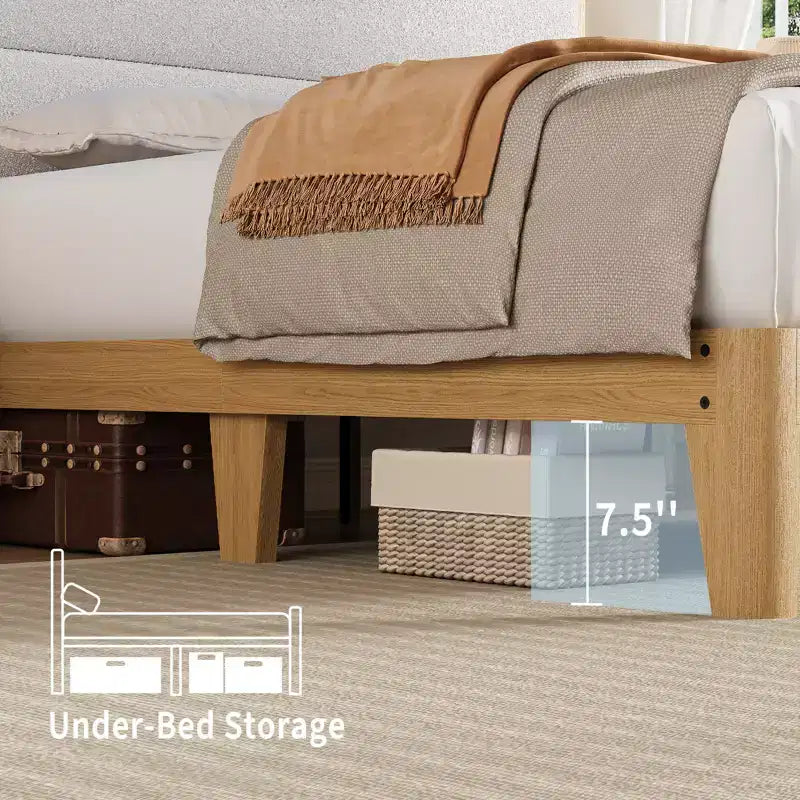 Full Boucle Bed Frame, Bed Frame with RGB LED Light & Charging Station, 2-Tier Storage Headboard, No Box Spring Needed, Easy Assembly