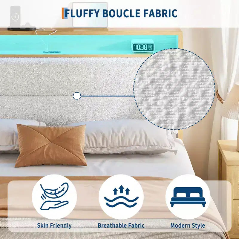 Full Boucle Bed Frame, Bed Frame with RGB LED Light & Charging Station, 2-Tier Storage Headboard, No Box Spring Needed, Easy Assembly
