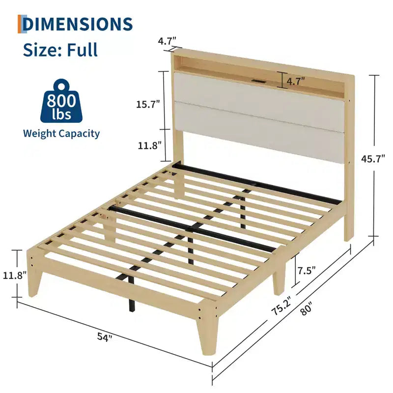 Full Boucle Bed Frame, Bed Frame with RGB LED Light & Charging Station, 2-Tier Storage Headboard, No Box Spring Needed, Easy Assembly