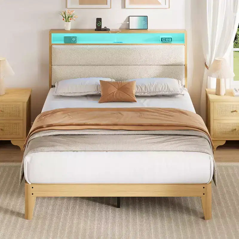Full Boucle Bed Frame, Bed Frame with RGB LED Light & Charging Station, 2-Tier Storage Headboard, No Box Spring Needed, Easy Assembly