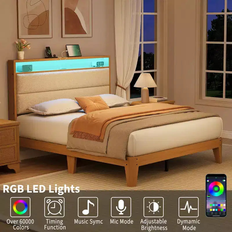 Full Boucle Bed Frame, Bed Frame with RGB LED Light & Charging Station, 2-Tier Storage Headboard, No Box Spring Needed, Easy Assembly