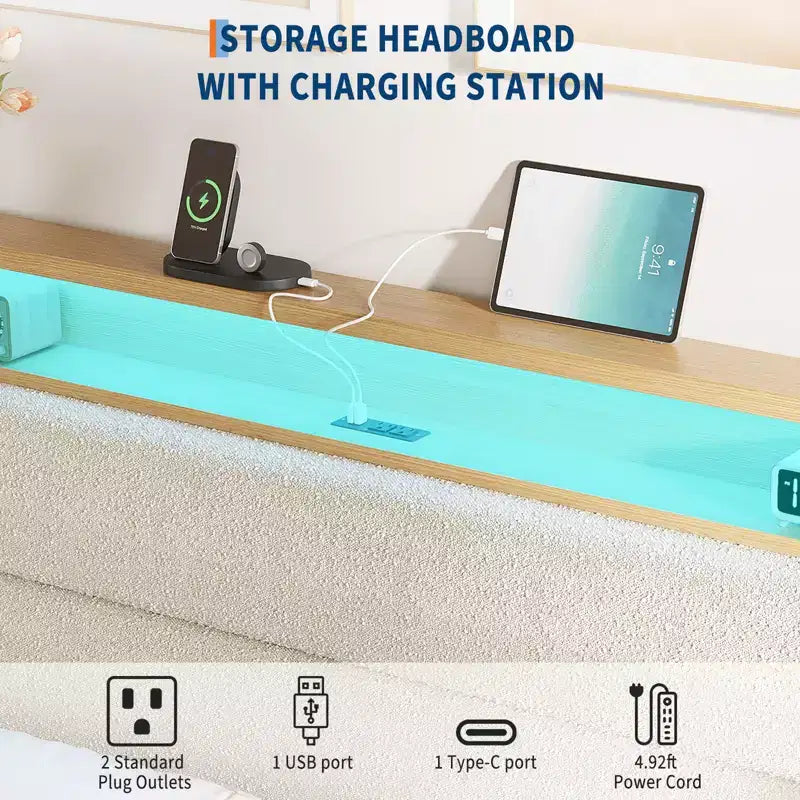 Full Boucle Bed Frame, Bed Frame with RGB LED Light & Charging Station, 2-Tier Storage Headboard, No Box Spring Needed, Easy Assembly
