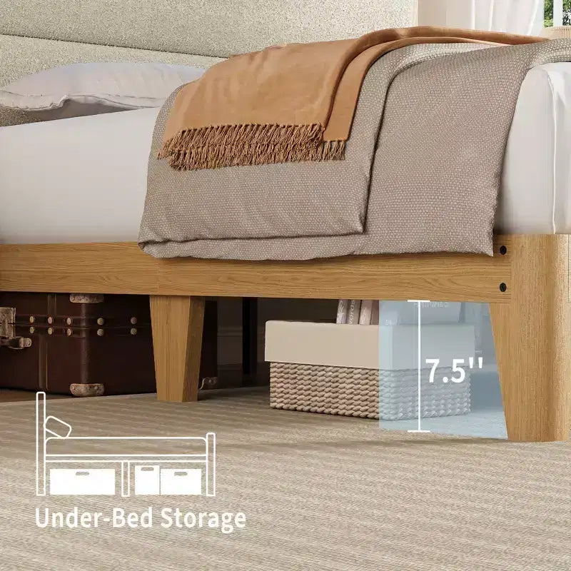 Full Boucle Bed Frame, Bed Frame with RGB LED Light & Charging Station, 2-Tier Storage Headboard, No Box Spring Needed, Easy Assembly