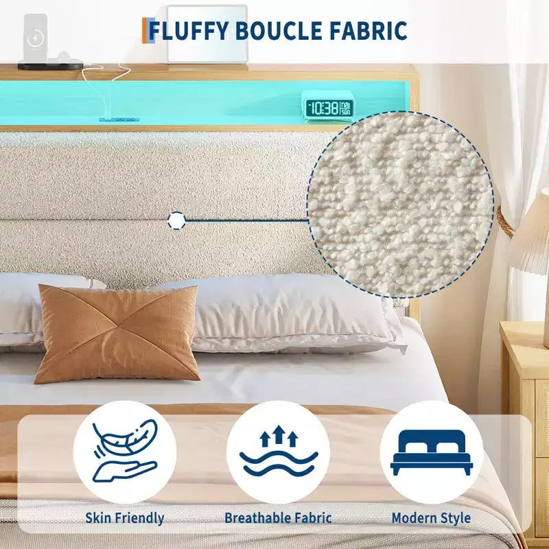 Full Boucle Bed Frame, Bed Frame with RGB LED Light & Charging Station, 2-Tier Storage Headboard, No Box Spring Needed, Easy Assembly