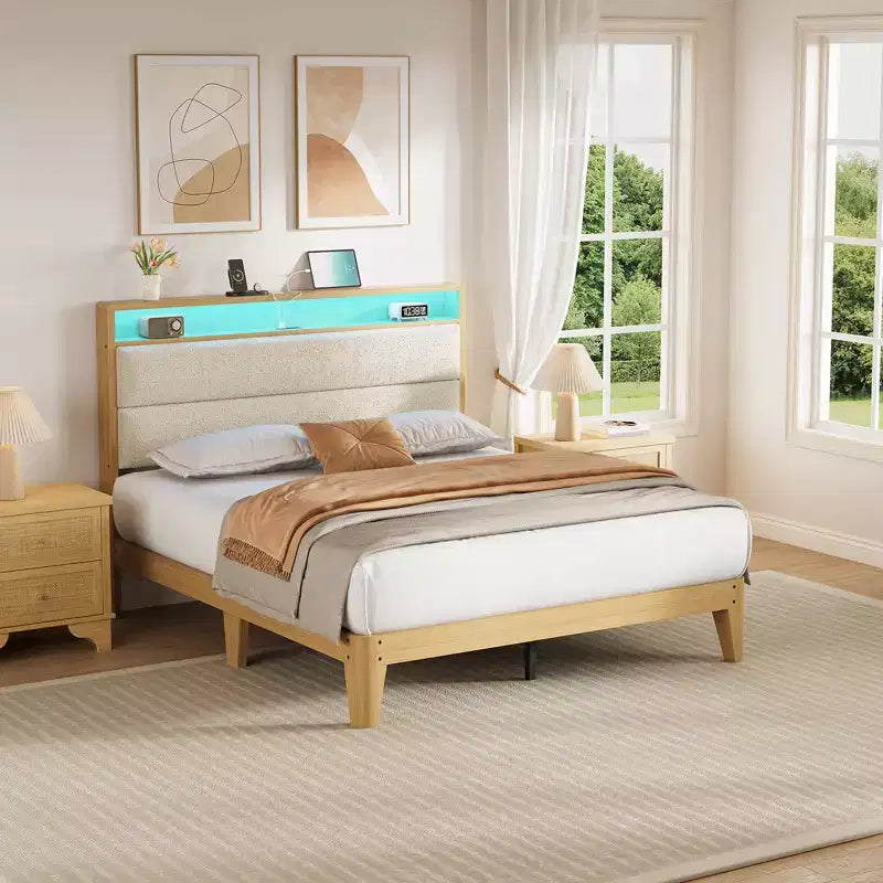 Full Boucle Bed Frame, Bed Frame with RGB LED Light & Charging Station, 2-Tier Storage Headboard, No Box Spring Needed, Easy Assembly