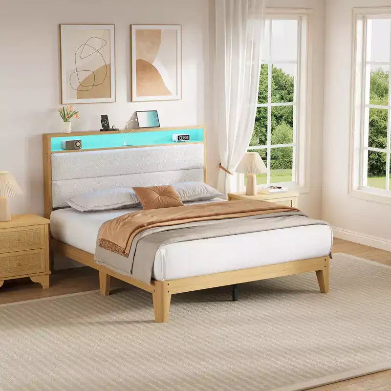 Full Boucle Bed Frame, Bed Frame with RGB LED Light & Charging Station, 2-Tier Storage Headboard, No Box Spring Needed, Easy Assembly