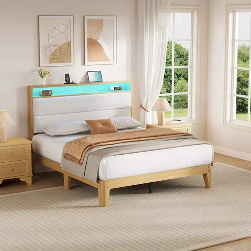 Full Boucle Bed Frame, Bed Frame with RGB LED Light & Charging Station, 2-Tier Storage Headboard, No Box Spring Needed, Easy Assembly