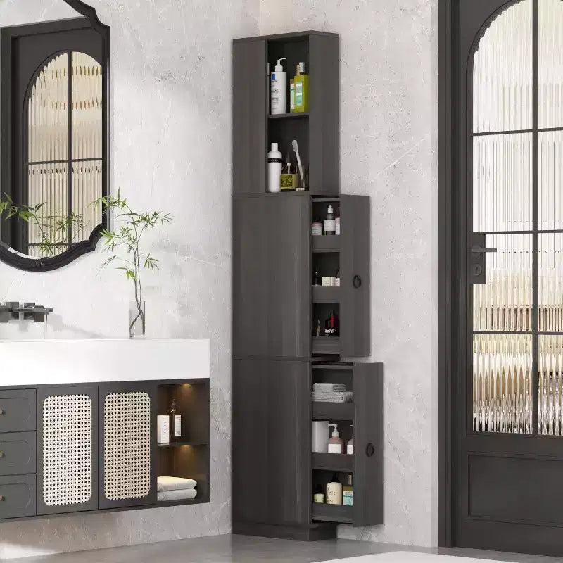 Famapy Dark Gray Narrow Side-Pull Cabinet,6-Tier Dual Vertical Drawers,Moisture-Resistant,Raised Base,Bathroom Storage Cabinet,for Toiletries Storage