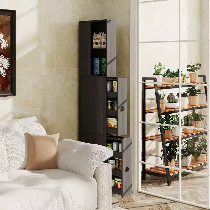 Famapy Dark Gray Narrow Side-Pull Cabinet,6-Tier Dual Vertical Drawers,Moisture-Resistant,Raised Base,Bathroom Storage Cabinet,for Toiletries Storage