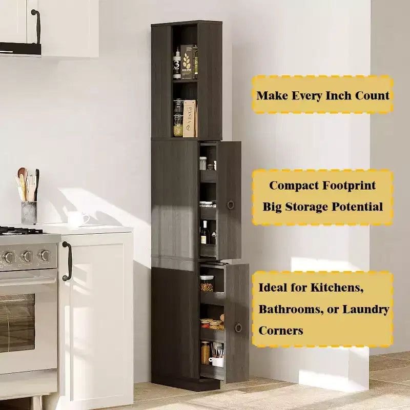 Famapy Dark Gray Narrow Side-Pull Cabinet,6-Tier Dual Vertical Drawers,Moisture-Resistant,Raised Base,Bathroom Storage Cabinet,for Toiletries Storage